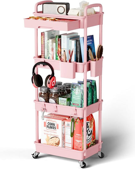 4 Tier Small Rolling Cart Organizer,Art Craft Diaper Bedside Snack Cart Laundry Room Bathroom Organizer Narrow Thin Slim Rolling Trolley Utility Cart with Wheels for Kitchen,Office(Pink) - LeafyLoom