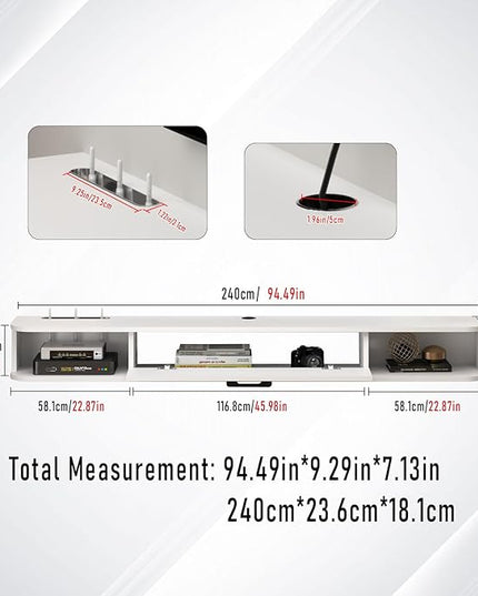 Floating TV Unit, 95'' Wall Mounted TV Cabinet, Floating Shelves with Door, Modern Entertainment Media Console Center Large Storage TV Bench for Living Room & Office (94.49IN, White) - LeafyLoom