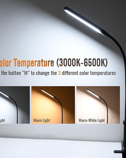 Clamp on Lamp, LED Desk Lamp, 18W, 3000 LMS, 3 Color Modes, 16 Brightness Levels, CRI>95, 0.5H/1H Timer, Eye-Caring Task Lamp with Remote for Reading, Home, Office (Adapter Included) - LeafyLoom