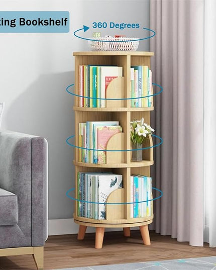 Gdrasuya10 3 Tier Rotating Bookshelf with Legs, Revolving Bookcase Standing Small Bookshelf Storage Wood Bookcase 360 Display Book Shelf Easy Assemble for Bedroom Study Room - LeafyLoom
