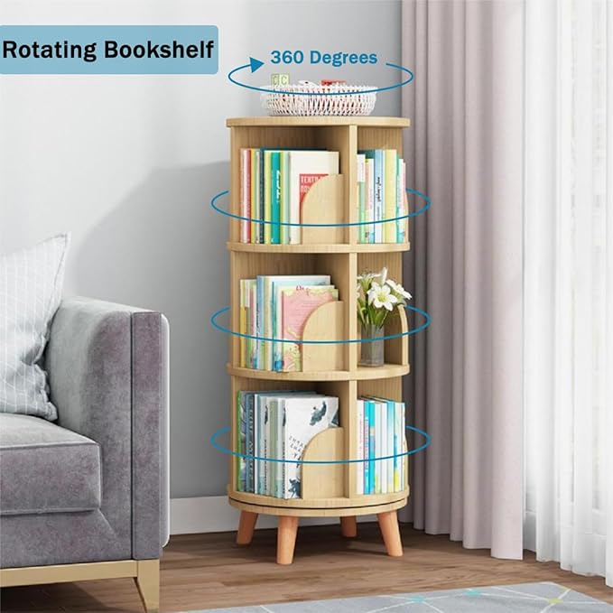 Gdrasuya10 3 Tier Rotating Bookshelf with Legs, Revolving Bookcase Standing Small Bookshelf Storage Wood Bookcase 360 Display Book Shelf Easy Assemble for Bedroom Study Room - LeafyLoom