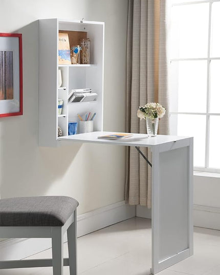 KB Designs - Wall Mounted Fold Out Floating Desk Table with Storage Shelves, White - LeafyLoom