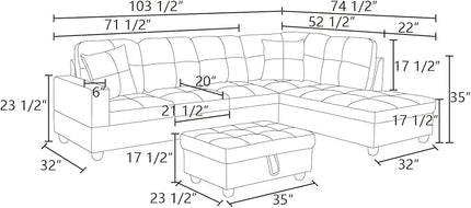 ROOMTEC Button L Shape 3 Piece Sectional Sofa Set, Upholstered Corner Couch with Storage Ottoman, Faux Leather Tufted Cushions, for Living Room, Apartment, 103inch, Deer Brown w/Right Chaise Lounge - LeafyLoom