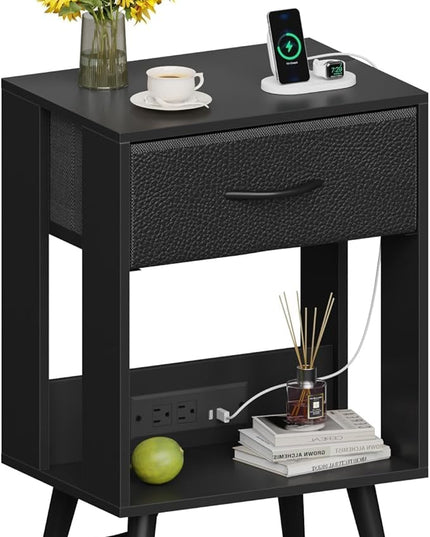 Nightstand with Charging Station and Fabric Drawer, Side Table with Storage for Bedroom, Night Stand with Open Wood Shelf for Bedroom, Bedside Tables - Black - LeafyLoom