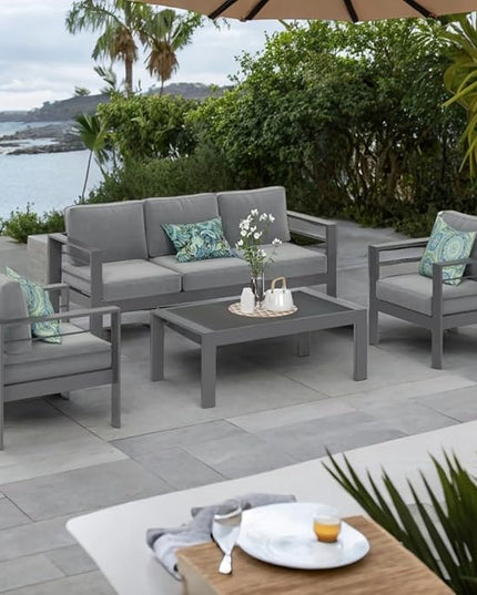 Solaste Aluminum Patio Furniture Set, 4 Pcs Modern Outdoor Conversation Set Sectional Sofa with Upgrade Cushion and Coffee Table,Grey - LeafyLoom