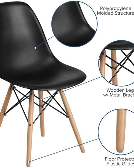 Flash Furniture Elon Series Plastic Modern Dining Chair with Wooden Legs, Mid-Century Side Chair for Dining Rooms and Offices, Black - LeafyLoom