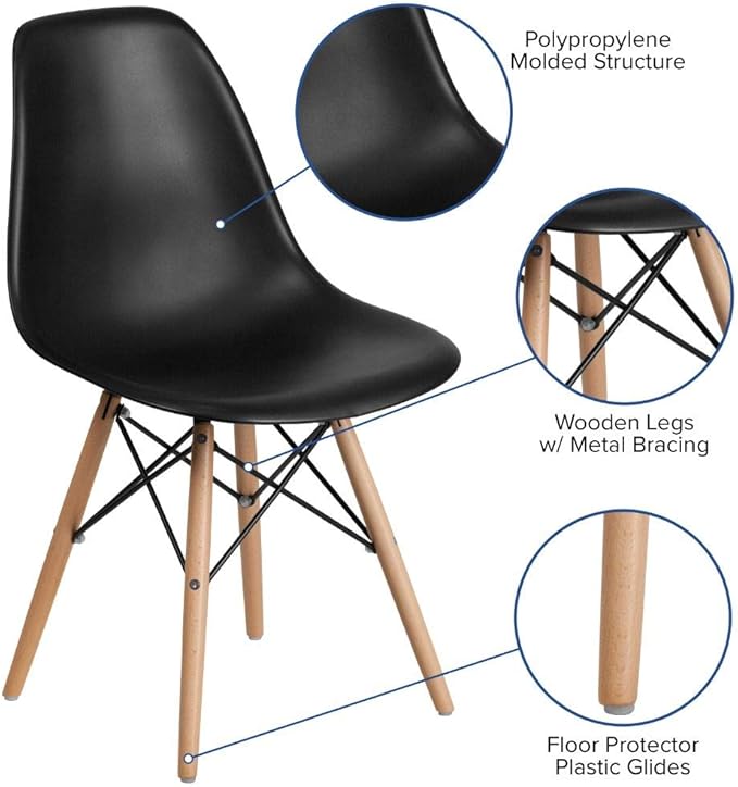 Flash Furniture Elon Series Plastic Modern Dining Chair with Wooden Legs, Mid-Century Side Chair for Dining Rooms and Offices, Black - LeafyLoom