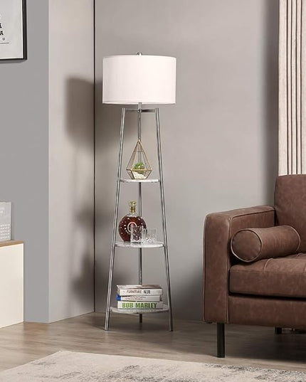 Floor Lamp, Standing Reading Light with Faux Marble Shelves and Fabric Shade, Modern Tall Pole Lamp, Accent Furniture Décor Lighting for Living Room, Bedrooms Silver - LeafyLoom