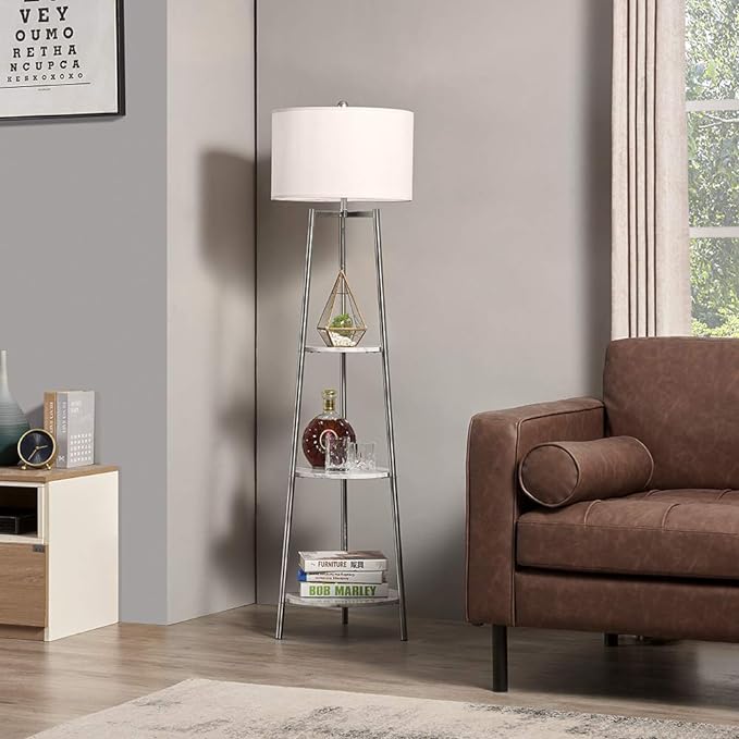 Floor Lamp, Standing Reading Light with Faux Marble Shelves and Fabric Shade, Modern Tall Pole Lamp, Accent Furniture Décor Lighting for Living Room, Bedrooms Silver - LeafyLoom