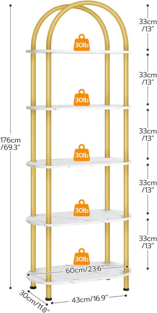 HOOBRO 5 Tier Open Bookshelf, Modern Arched Bookcase Display Shelf Racks, Wooden Bookcase Storage Shelves Metal Frame, Tall Storage Organizer for Living Room, Easy Assembly, Gold DM176SJ01 - LeafyLoom