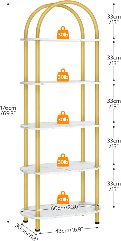 HOOBRO 5 Tier Open Bookshelf, Modern Arched Bookcase Display Shelf Racks, Wooden Bookcase Storage Shelves Metal Frame, Tall Storage Organizer for Living Room, Easy Assembly, Gold DM176SJ01 - LeafyLoom