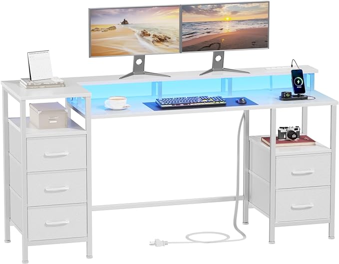 White Computer Desk with Power Outlets & LED Lights, Gaming Desk with 5 Fabric Storage Drawers for Working, 55 Inch Home Office Desk with Monitor Stand Shelves, Modern Vanity Desk for Bedroom - LeafyLoom