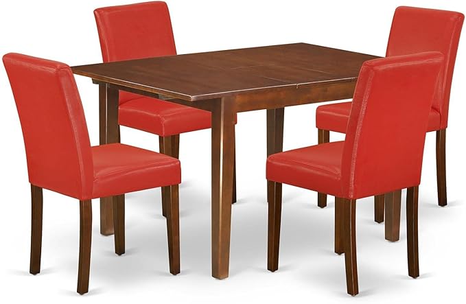 East West Furniture MLAB5-MAH-72 Milan 5 Piece Dining Set Includes a Rectangle Kitchen Table with Butterfly Leaf and 4 Firebrick Red Faux Leather Upholstered Chairs, 36x54 Inch - LeafyLoom