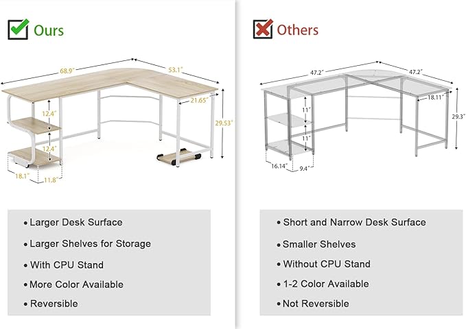 Teraves Reversible L Shaped Desk with Shelves 69“ Corner Computer Desk Gaming Desk Workstation for Home Office - LeafyLoom