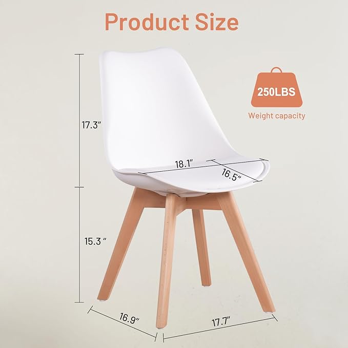 FurnitureR Dining Chairs Set of 4, Kitchen Chairs with Wood Legs, Faux Leather Side Chairs Armless Mid Back for Living Room Bedroom, Cushioned Upholstered Dining Room Chairs, White - LeafyLoom
