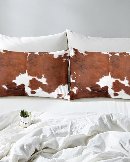 Erosebridal Cow Print Bedding Set King, Brown White Cowhide Comforter Set, Farmhouse Animal Hair Bedding Set for Kids Teens Adult Milk Western Cowboy Rustic Duvet Set Home Room Decor - LeafyLoom