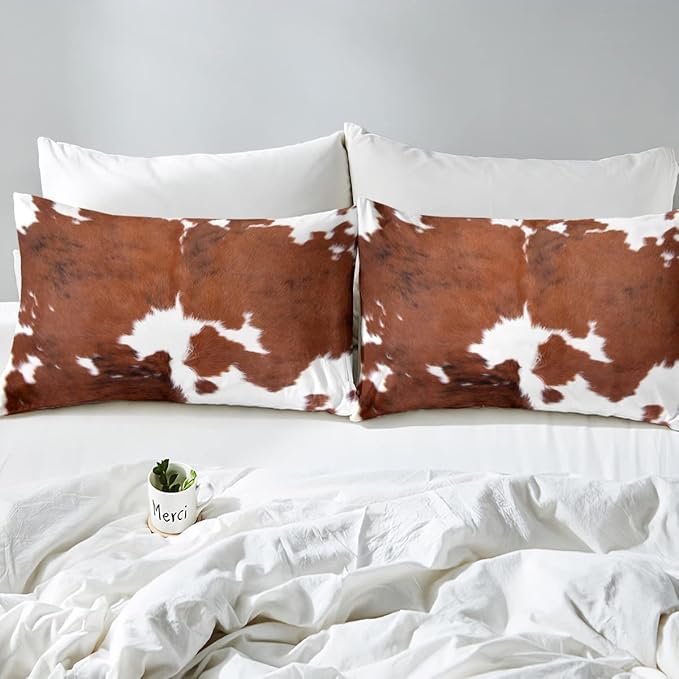Erosebridal Cow Print Bedding Set King, Brown White Cowhide Comforter Set, Farmhouse Animal Hair Bedding Set for Kids Teens Adult Milk Western Cowboy Rustic Duvet Set Home Room Decor - LeafyLoom