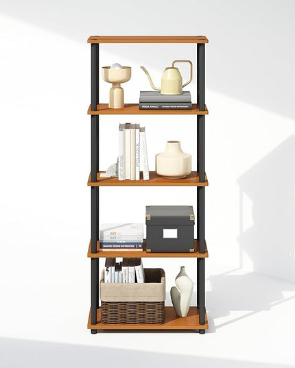 Furinno Turn-N-Tube 5-Tier Multipurpose Compact Display Rack, Shelving Unit, Bookcase, Light Cherry/Black - LeafyLoom