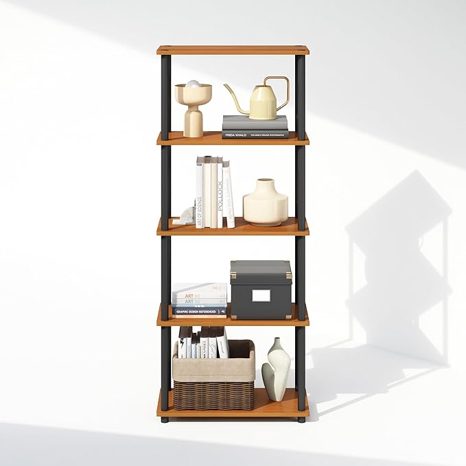 Furinno Turn-N-Tube 5-Tier Multipurpose Compact Display Rack, Shelving Unit, Bookcase, Light Cherry/Black - LeafyLoom