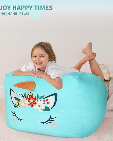 Aubliss Unicorn Stuffed Animal Storage Bean Bag Chair for Kids, Velvet Extra Soft Beanbag Chairs Cover, X-Large Stuffable Zipper Bean Bag for Organizing Plush Toys Girls Bedroom Decor, Cyan Floral - LeafyLoom