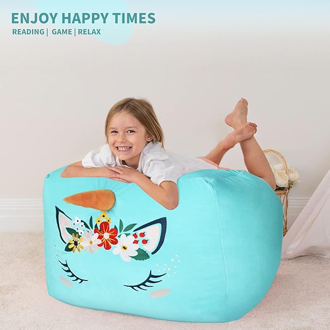Aubliss Unicorn Stuffed Animal Storage Bean Bag Chair for Kids, Velvet Extra Soft Beanbag Chairs Cover, X-Large Stuffable Zipper Bean Bag for Organizing Plush Toys Girls Bedroom Decor, Cyan Floral - LeafyLoom