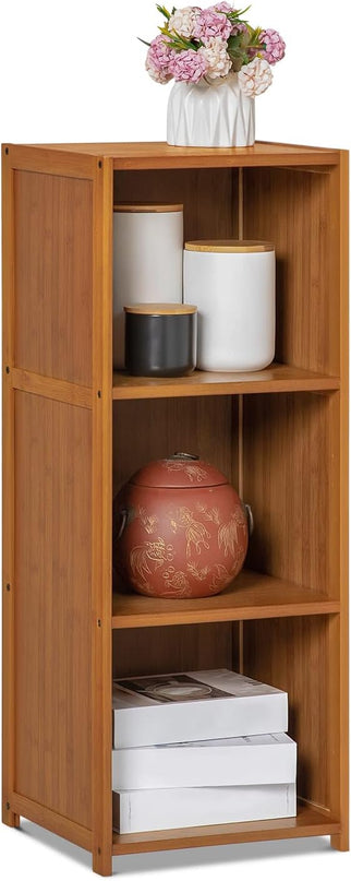 MoNiBloom Narrow Bookcase Bamboo 3 Tier Free Standing Tall Bookshelf Display Storage Shelves Space Saver for Home Living Room Study Room, Brown - LeafyLoom