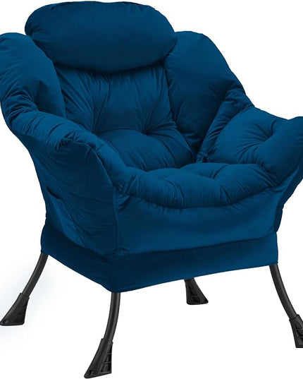 Lazy Chair Thick Padded, Accent Chair Velvet Upholstered with Wide Seat, Stable Metal Frame and Non-Slip Pad, Modern Sofa Armchair with Side Storage Bag for Dorm, Room, Office, Blue - LeafyLoom