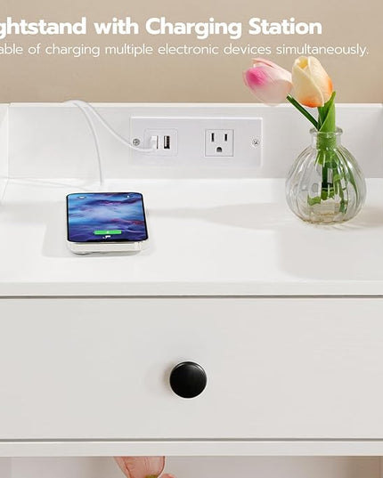 HOOBRO Nightstand with Charging Station, End Table with Drawer and Opening Shelf, Side Table with USB Ports and Outlets, Bedside Table for Bedroom, Small Night Stand Simple Style, White WT18UBZ01 - LeafyLoom