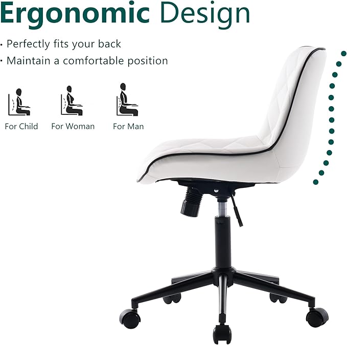 YOUNUOKE Comfortable Desk Chair, Home Office Chairs with Wheels, Armless Samll Comfy Vanity Chairs, PU Leather Computer Task Work Desk Chairs, White - LeafyLoom