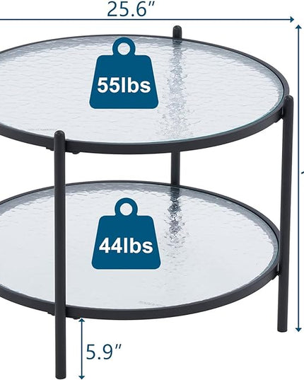 VINGLI 25.6" Small Matte Black Round Coffee Table Water-wave Glass Circle Clear Coffee Table, Center Table with 2-Tier Modern Storage Design for Living Room, Bedroom, Meeting Room, Balcony, Patio - LeafyLoom