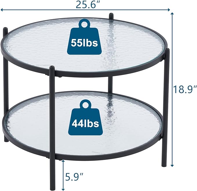 VINGLI 25.6" Small Matte Black Round Coffee Table Water-wave Glass Circle Clear Coffee Table, Center Table with 2-Tier Modern Storage Design for Living Room, Bedroom, Meeting Room, Balcony, Patio - LeafyLoom