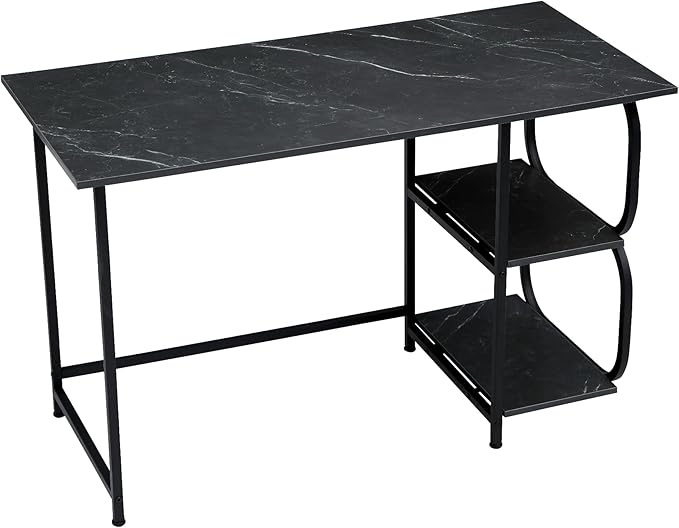 Black Marble 47inch Computer Desk Writing Workstation Home Office Table with 2-Tier Storage Shelves for Small Space - LeafyLoom
