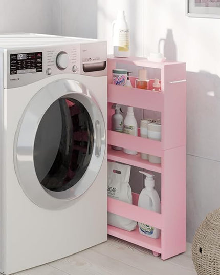 TEAMIX 4 Tier Slim Storage Cart with Handle, Pink Laundry Room Cart Between Washer and Dryer Rolling Narrow Kitchen Cart for Small Spaces (Pink, 5-1/2'' W) - LeafyLoom