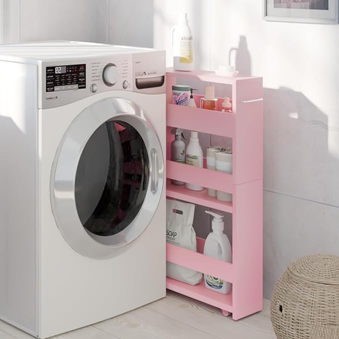 TEAMIX 4 Tier Slim Storage Cart with Handle, Pink Laundry Room Cart Between Washer and Dryer Rolling Narrow Kitchen Cart for Small Spaces (Pink, 5-1/2'' W) - LeafyLoom