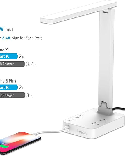 Drevet LED Desk Lamp, Desk Light with 1 USB Charging Port and 2 AC Power Outlet, 3 Lighting Modes, 3 Level Brightness,1H Timer, Touch Control, Eye-Caring Home Office Foldable Table Lamp (White) - LeafyLoom