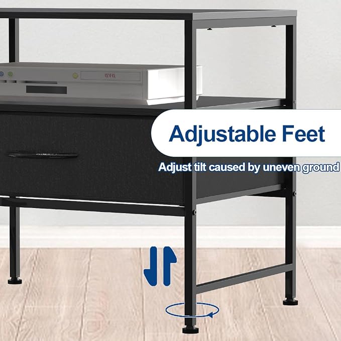 HEOMU Industrial TV Stand for 50 Inch Television Cabinet 3-Tier Console Table with Fabric Drawer, Entertainment Center Media Console Metal Frame for Living Room, Bedroom, Black - LeafyLoom