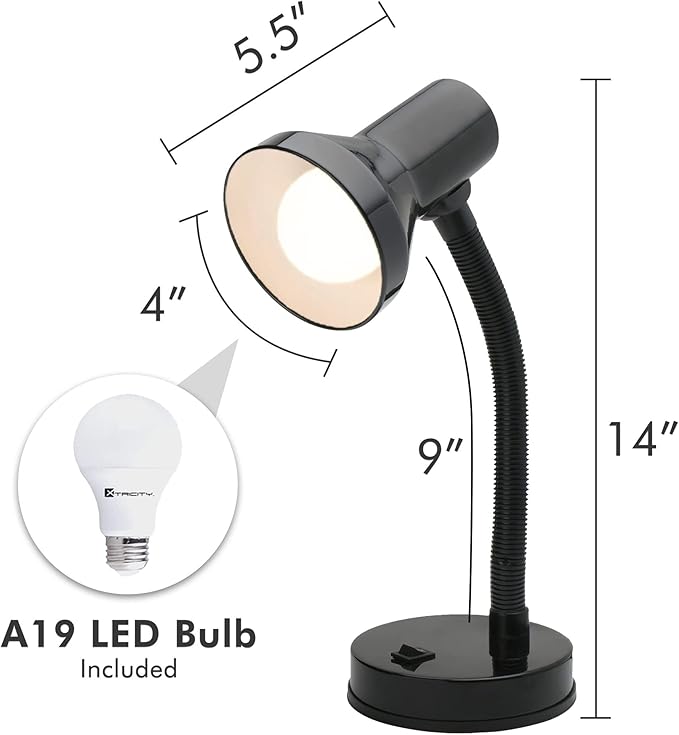 Xtricity Gooseneck Desk Lamps with Adjustable Gooseneck Arm, Metal Desk Lamp with 7W A19 LED Bulb, 120 Volt, Convenient On/Off Switch, 14" Inch Tall (36cm), Black Finish - LeafyLoom