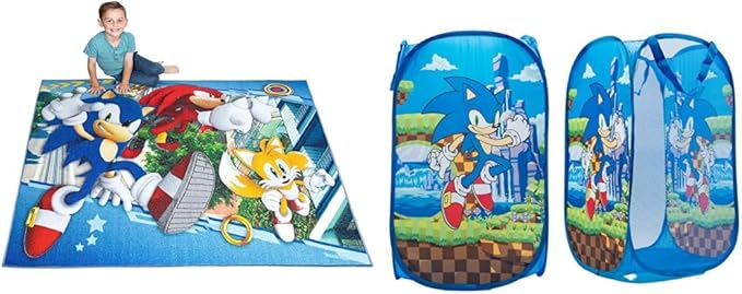 Franco Kids Room Non Slip Area Rug, 69 in x 52 in, Sonic The Hedgehog, Anime & Sonic Anime Kids Room Collapsible Storage Bin Pop Up Hamper, One Size, (100% Officially Licensed Product) - LeafyLoom