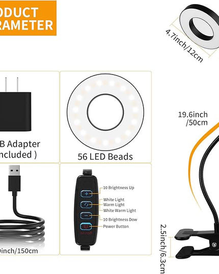 iVict Desk Light Clip on Light, 56 LEDs Desk Lamp for Home Office, 3 Modes with 10 Brightness Dimmable Reading Light, Clamp Desk Lamp for Bed Headboard, Craft, Computer, Video Call - LeafyLoom