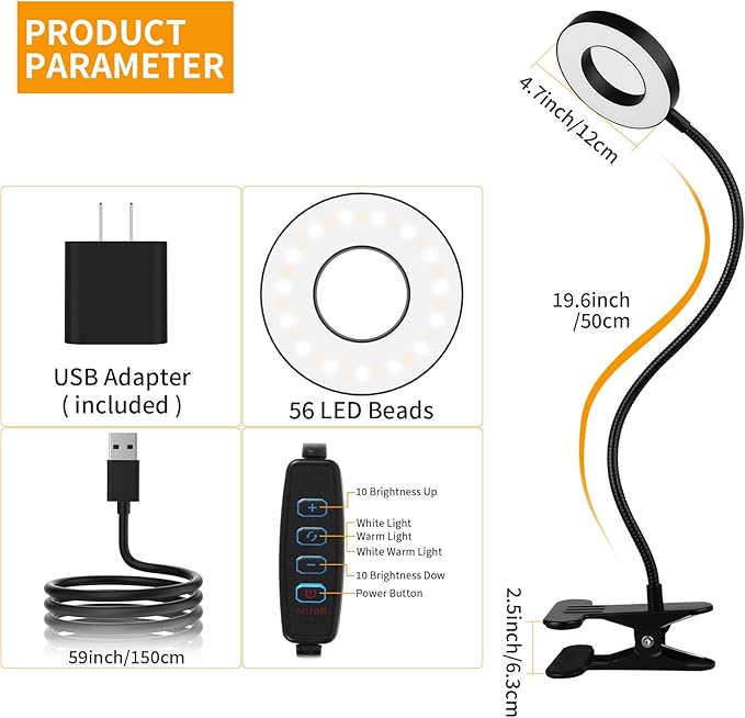 iVict Desk Light Clip on Light, 56 LEDs Desk Lamp for Home Office, 3 Modes with 10 Brightness Dimmable Reading Light, Clamp Desk Lamp for Bed Headboard, Craft, Computer, Video Call - LeafyLoom
