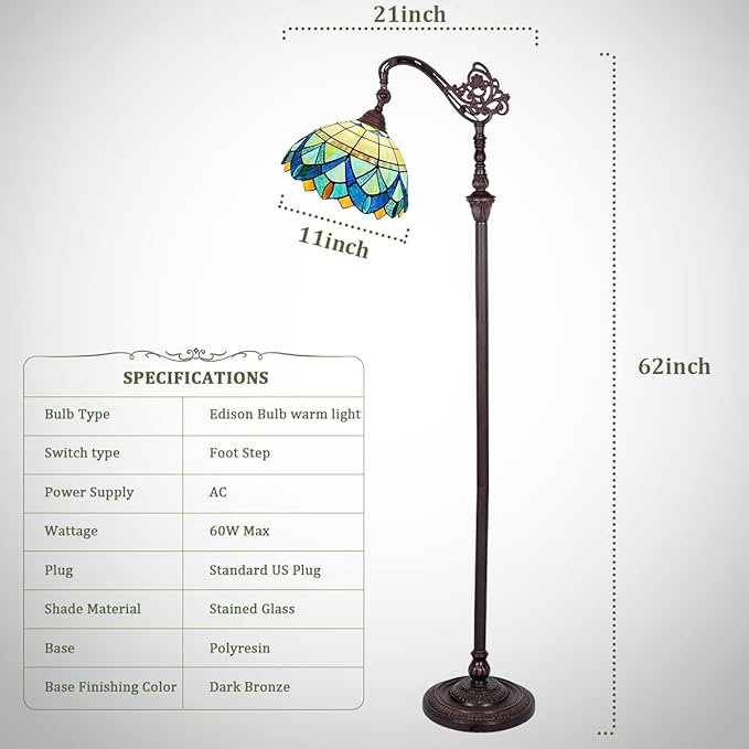 Tiffany Floor Lamp for Living Room,Stained Glass Gooseneck Reading Floor Light,Antique Style Tall Standing Lamp for Bedroom and Office Adjustable Light Direction - LeafyLoom