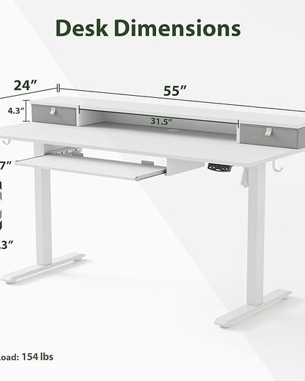 Electric Standing Desk with 2 Drawers and Keyboard Tray, 55 x 24 Inches Ergonomic Adjustable Height Desk with Storage, Sit Stand up Desk Computer Workstation, White - LeafyLoom