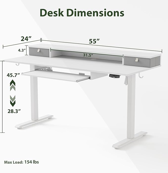 Electric Standing Desk with 2 Drawers and Keyboard Tray, 55 x 24 Inches Ergonomic Adjustable Height Desk with Storage, Sit Stand up Desk Computer Workstation, White - LeafyLoom