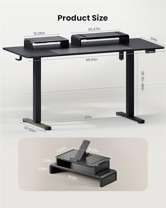 ProtoArc Standing Desk with Dual Monitor Stand Riser, 55 x 24 Inches Height Adjustable Desk with Storage, Electric Stand up Desk with Laptop Stand (Black/White) - LeafyLoom