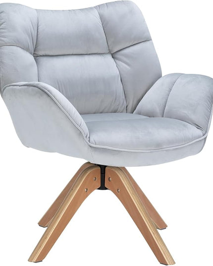 Fabric Accent Chair, Modern Cozy Vanity Chair with Wood Legs, Upholstered Single Boucle Armchair Single Sofa for Living Room Bedroom Office Guest Room Dining Room (Light Grey) - LeafyLoom