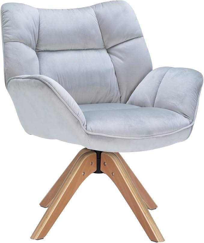 Fabric Accent Chair, Modern Cozy Vanity Chair with Wood Legs, Upholstered Single Boucle Armchair Single Sofa for Living Room Bedroom Office Guest Room Dining Room (Light Grey) - LeafyLoom