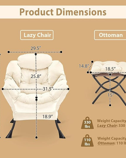 Lazy Chair with Folding Ottoman, Accent Chair Velvet Upholstered with Metal Structure and Non-Slip Pads, Sofa Armchair with Footrest and Side Storage Bag for Dorm, Room, Office, Beige - LeafyLoom