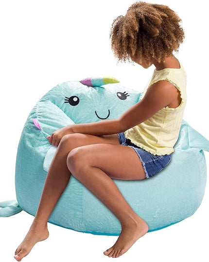 Posh Creations Cute Soft and Comfy Bean Bag Chair for Kids, Animal - Blue Narwal - LeafyLoom