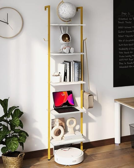 Modern Bookshelf Wall Mounted 5-Tiers Ladder Shelf Gold and White Wooden Bookcase Narrow Thin Bookshelf Open Display Storage Rack for Living Room Bedroom Home Office - LeafyLoom