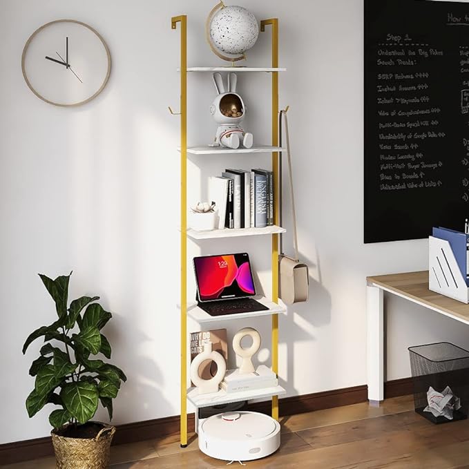 Modern Bookshelf Wall Mounted 5-Tiers Ladder Shelf Gold and White Wooden Bookcase Narrow Thin Bookshelf Open Display Storage Rack for Living Room Bedroom Home Office - LeafyLoom